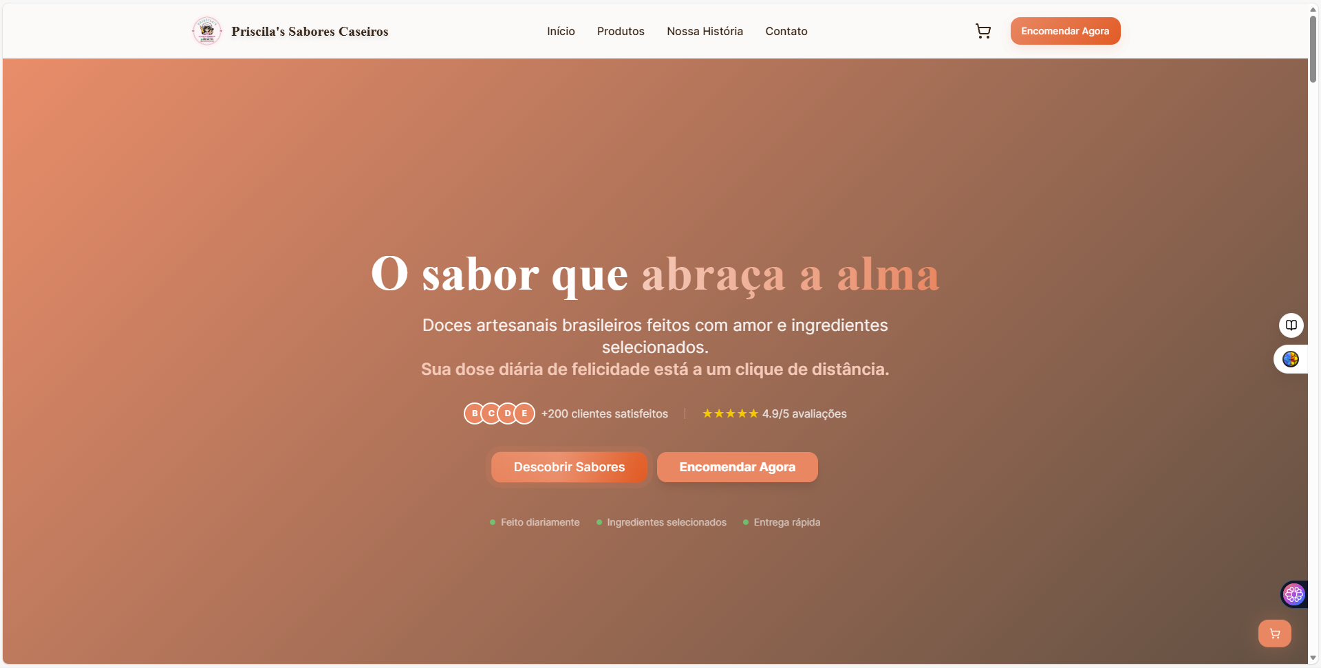Screenshot do site Priscila Sabores Caseiros
